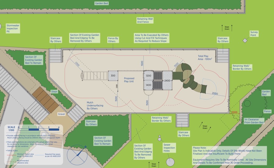 Concept site plan seen from above, showing the proposed play unit, mulch undersurfacing, retaining walls, fencing, staircases and garden beds.