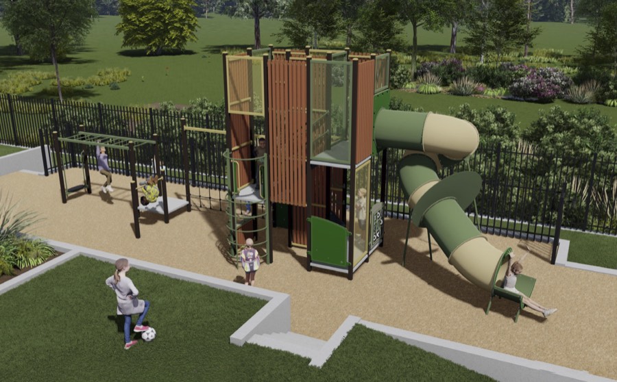 Artist’s impression of the new playground: a timber-look two-level tower with green panels, a big green and cream twisty tube slide, monkey bars and a climbing net, with children playing on soft mulch inside a black safety fence, surrounded by lawn and gardens.