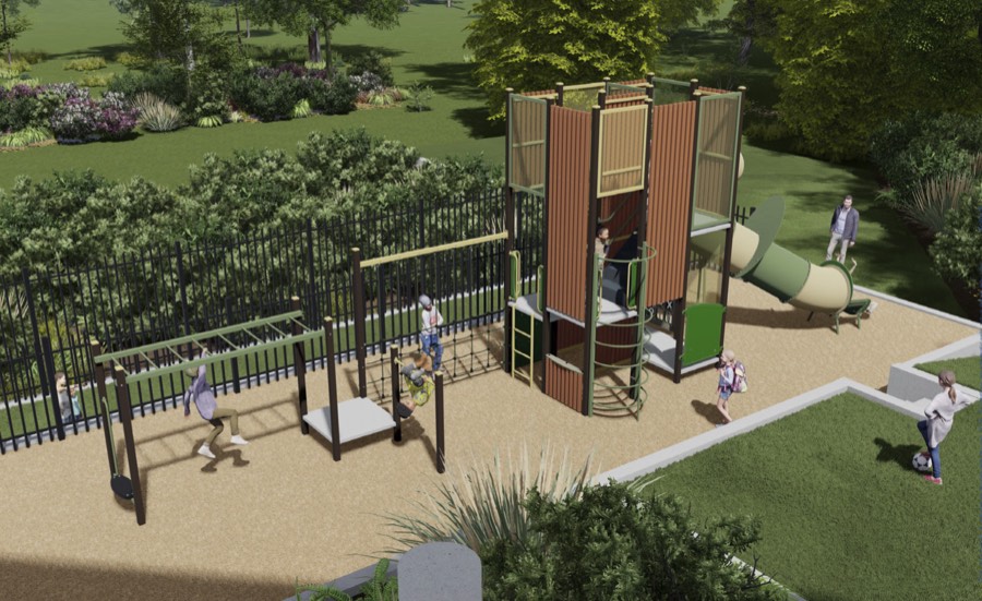 Side view: children on the monkey bars and climbing net, with the tower, spiral climber and slide behind and a parent watching nearby.