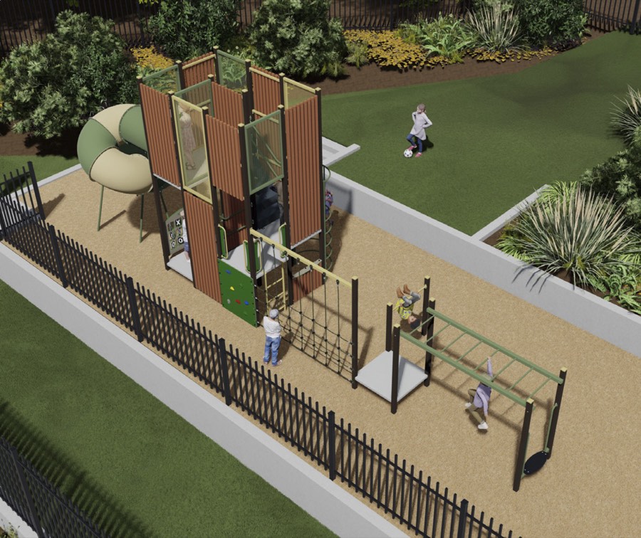 View from above: the full length of the play unit along the fenced area, with a rock-climbing wall, noughts-and-crosses panel and monkey bars.